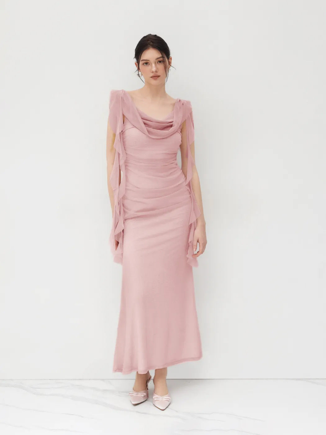 pink Suspender Lace Open Back Ruffle Dress