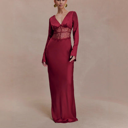 red lace patchwork V-neck satin hip maxi dress