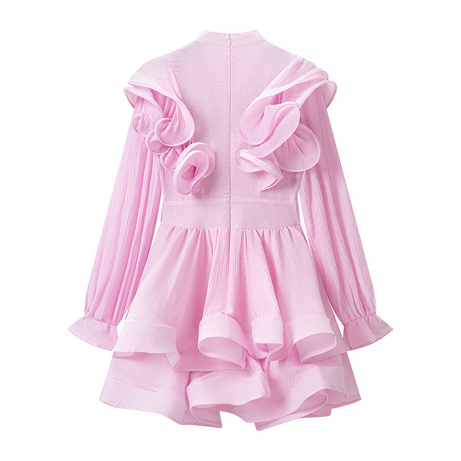 Bell-sleeve ruffled mini dress with tie detail