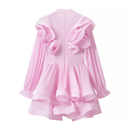 Bell-sleeve ruffled mini dress with tie detail