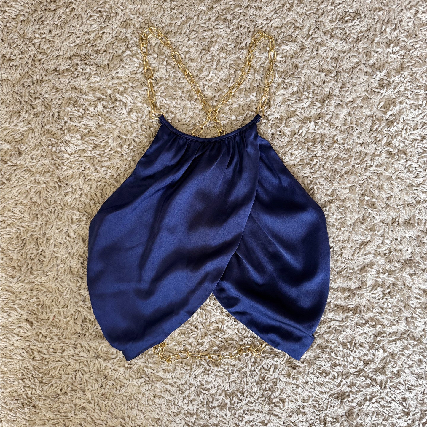 backless chain decorated satin glossy camisole top