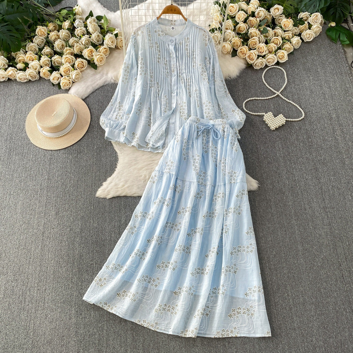 Summer Embroidered Floral Round Neck Pleated Long Sleeve Shirt Two-Piece Set