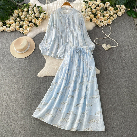 Summer Embroidered Floral Round Neck Pleated Long Sleeve Shirt Two-Piece Set