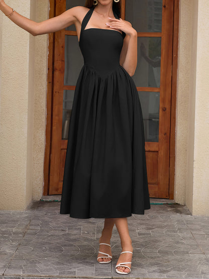 black halterneck strap backless midi dress