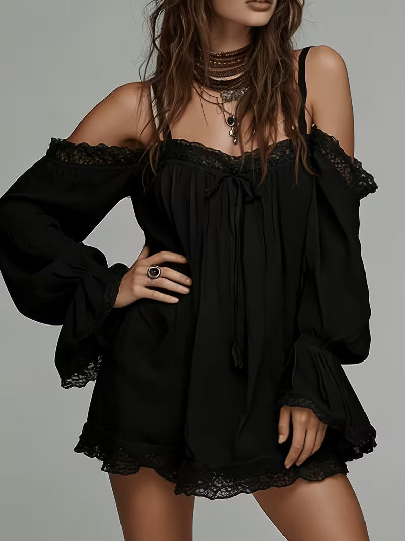 off-shoulder camisole mini dress with lace trim