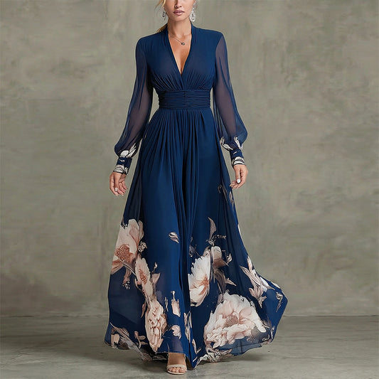 Printed V-Neck Stitched Long Sleeve Dress
