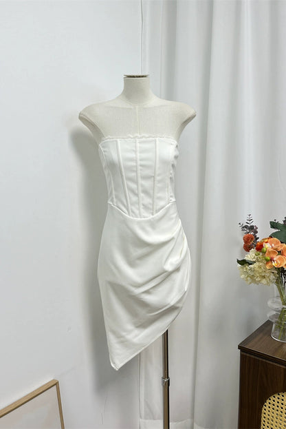 white lace irregular hem bandeau mini dress