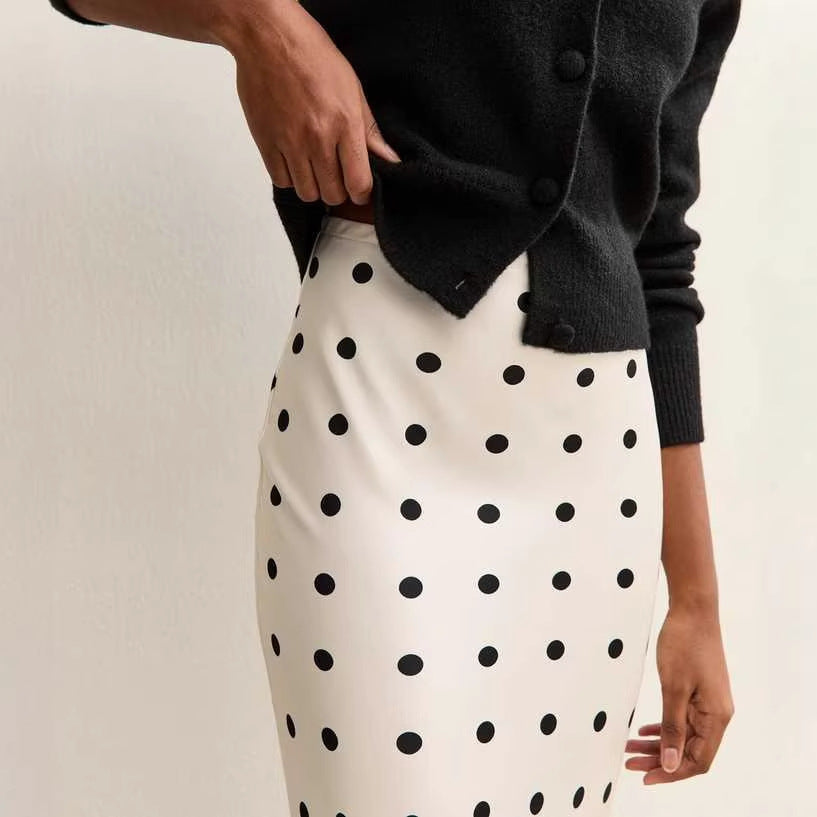 white polka dot lace patchwork midi skirt