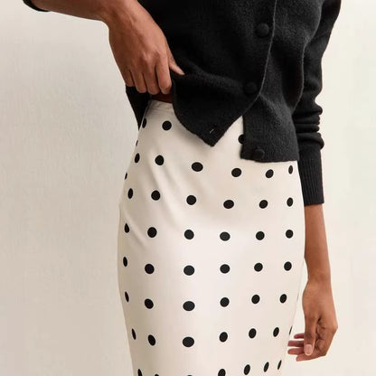 white polka dot lace patchwork midi skirt