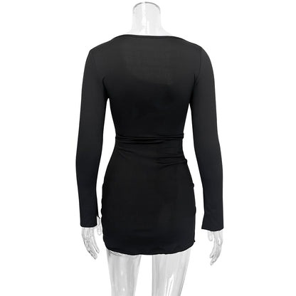 Black Asymmetrical Long-Sleeved Slit Bodycon Mini dress