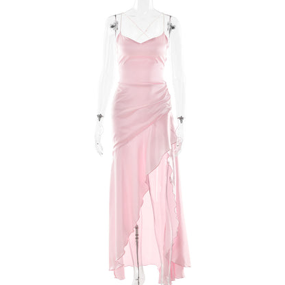 satin suspender ruffled high slit dress
