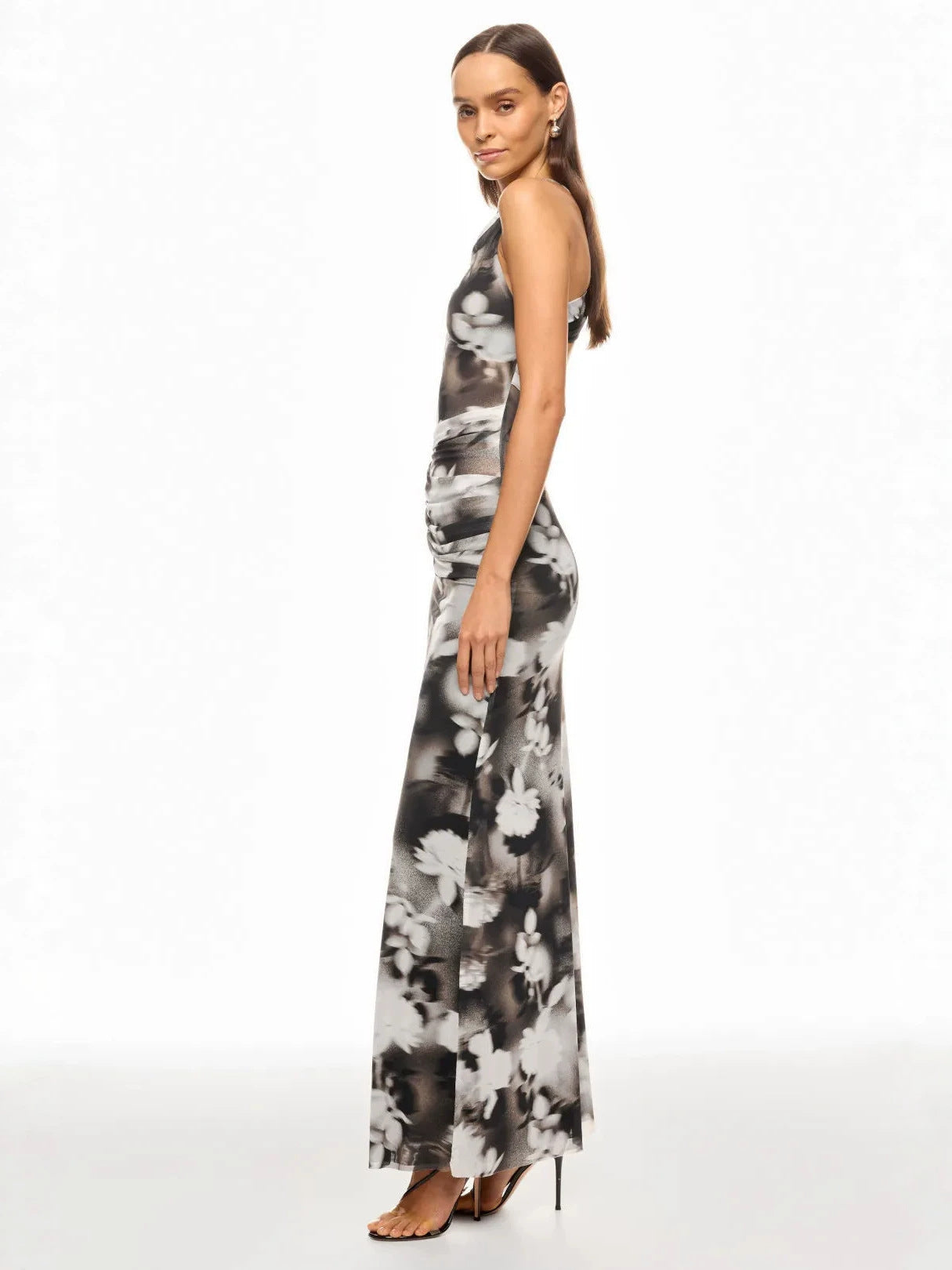 Ink-wash floral print backless mesh ruched bodycon maxi dress