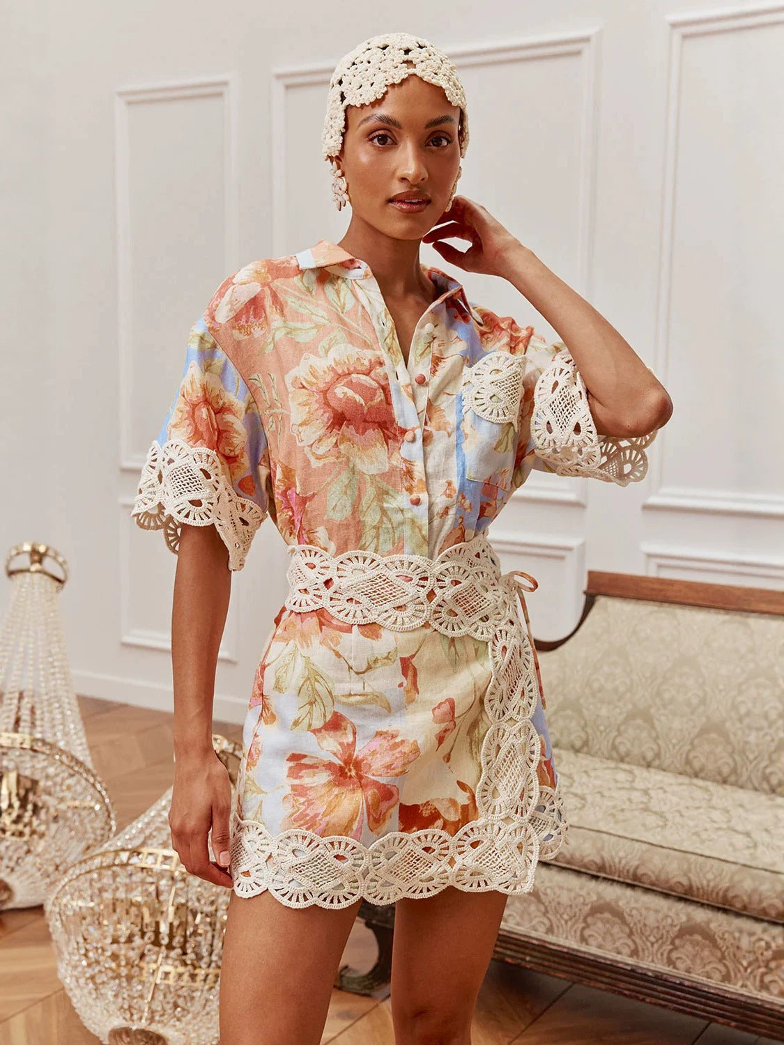 Vacation floral print lace cardigan shirt & skirt set