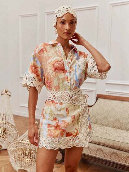 Vacation floral print lace cardigan shirt & skirt set