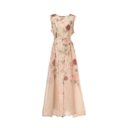 Sleeveless Rose Print Mesh Maxi Dress