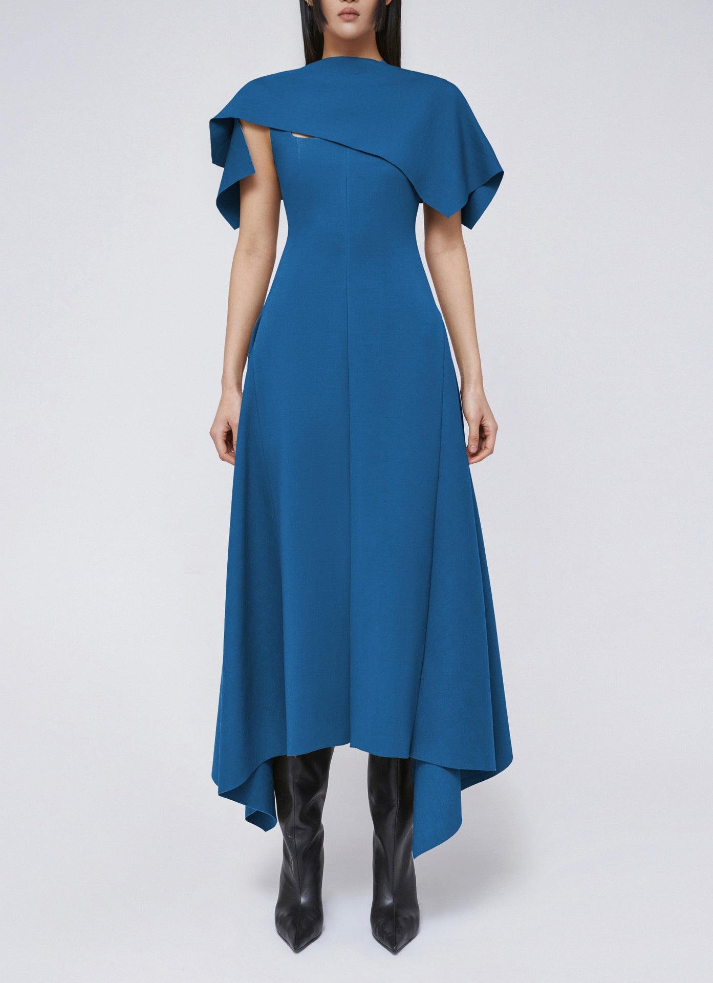 blue blocking slit waist dress