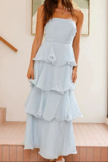 Boned strapless backless tiered midi dress