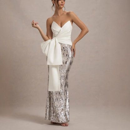 whtie V-neck strapless maxi dress