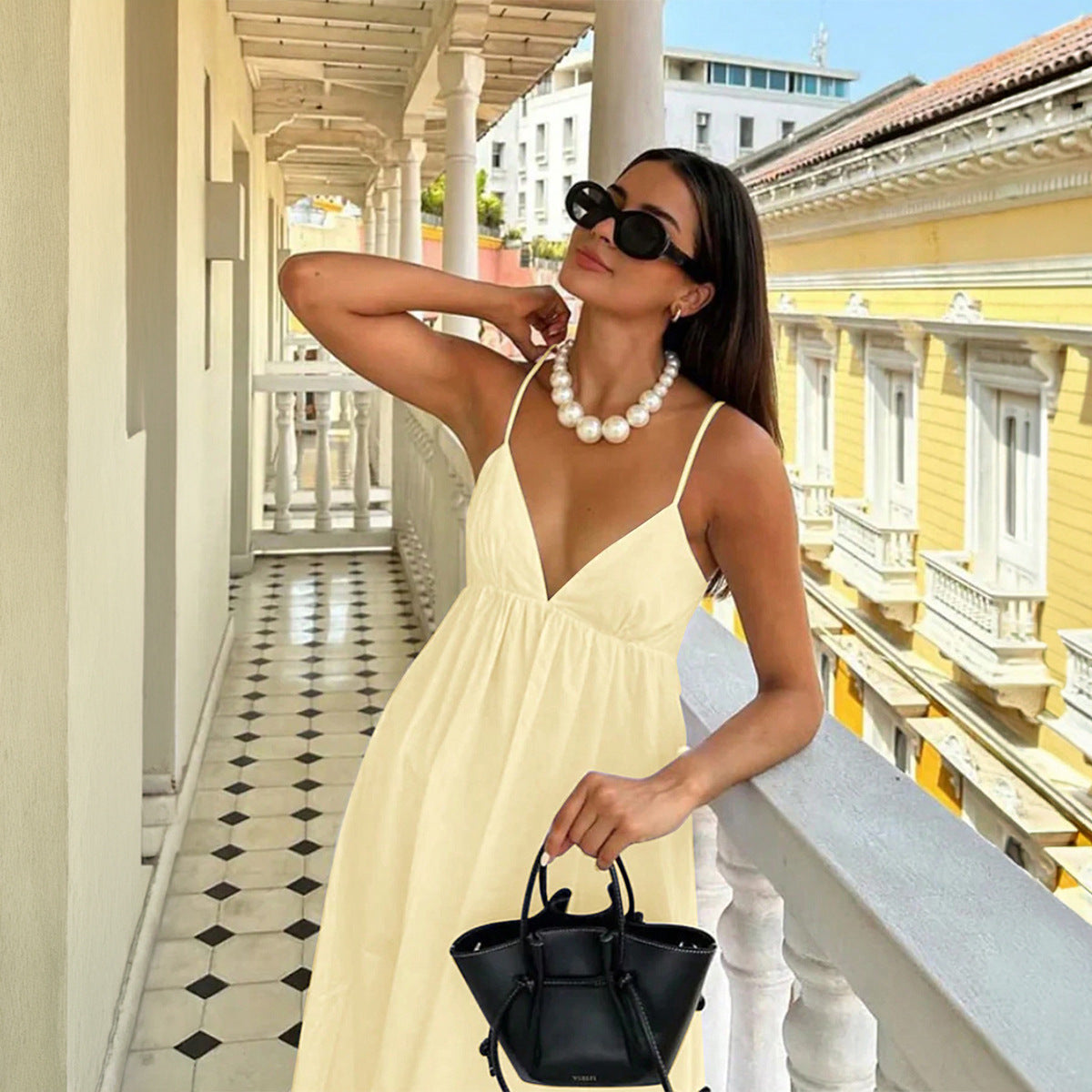 yellow suspender deep V high-waisted loose dress