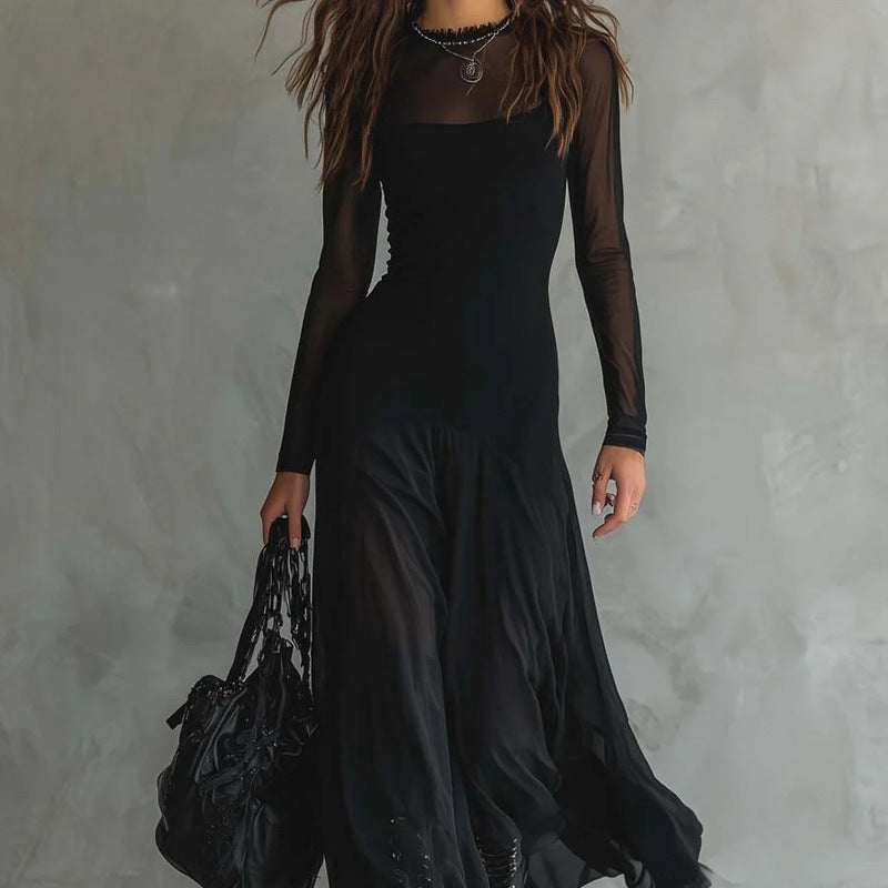 black Lace Splicing Slim Dress
