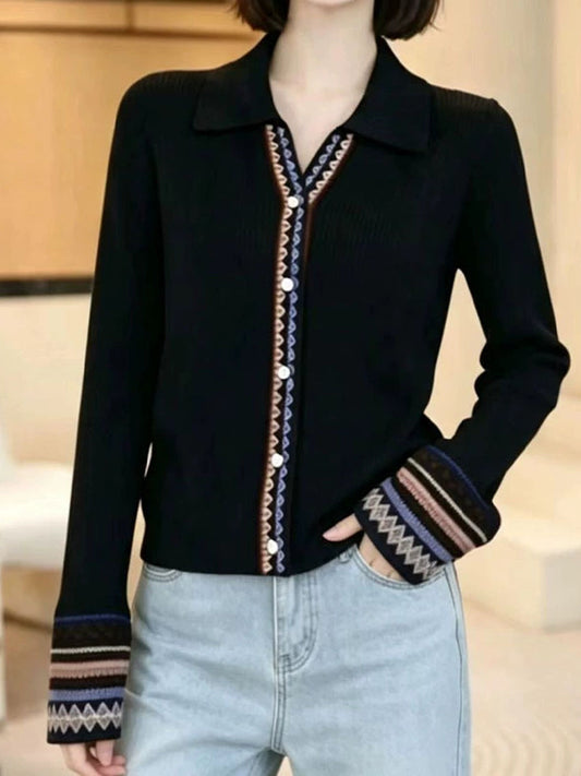 V-neck jacquard Knit Cardigan