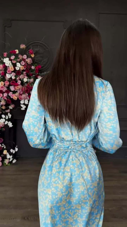 blue V-neck long-sleeved maxi dress