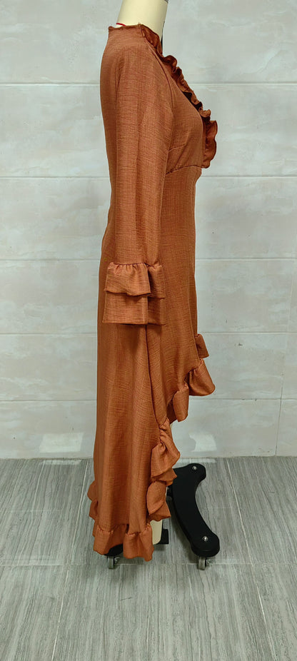 Bohemian-style ruffled asymmetrical V-neck maxi dress