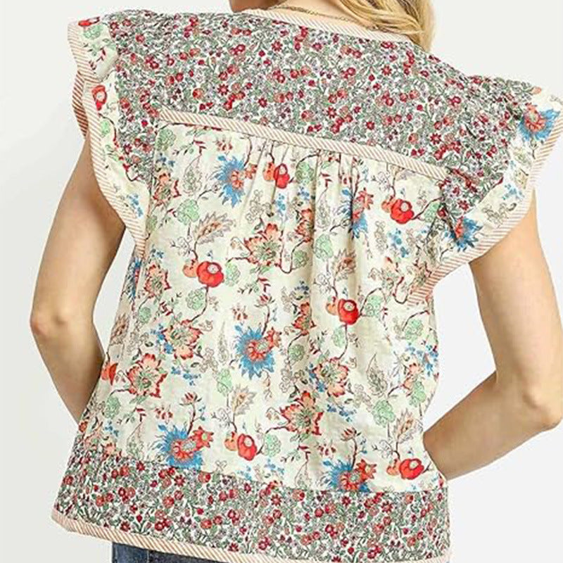 V-neck short-sleeve floral embroidery top