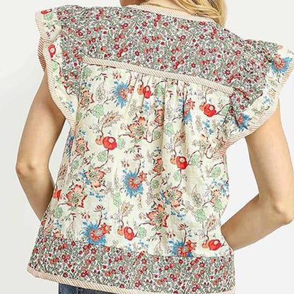 V-neck short-sleeve floral embroidery top