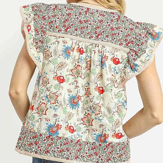 V-neck short-sleeve floral embroidery top