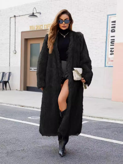 verna V-neck long imitation fur coat