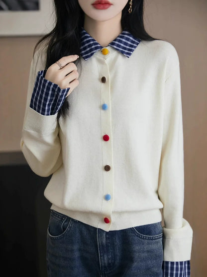 Faux-layered Plaid Collared Cardigan
