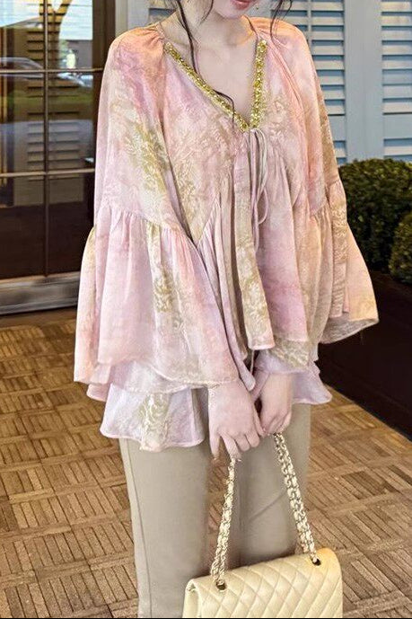 Sequined floral chiffon blouse