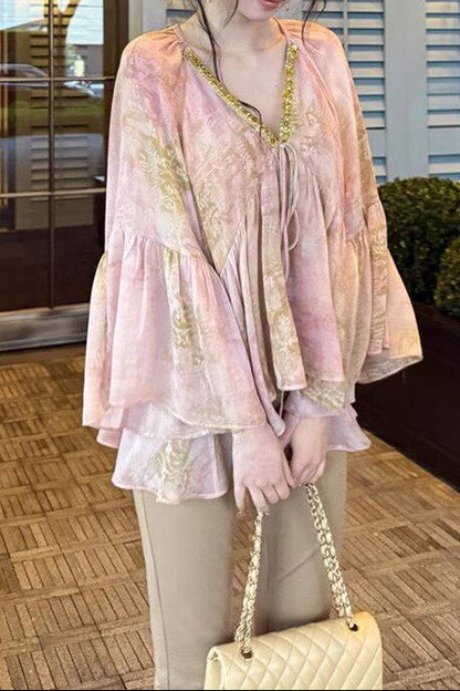 Sequined floral chiffon blouse