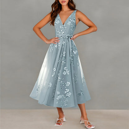light blue V-Neck Print Lace-up Sleeveless Dress