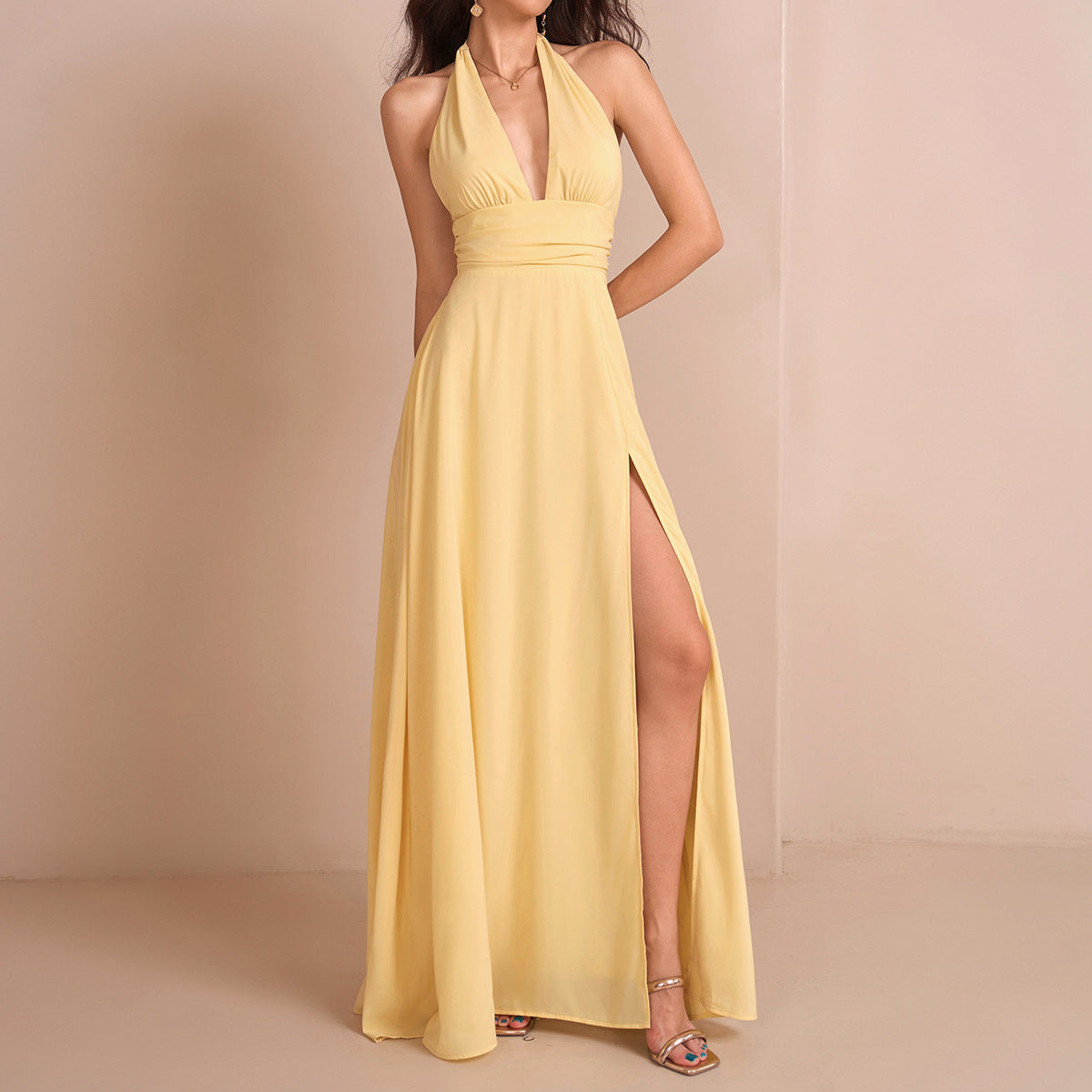 yellow deep V halter tie backless slit gown