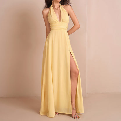 yellow deep V halter tie backless slit gown