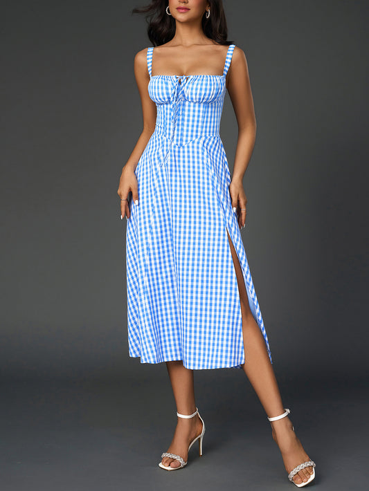 blue plaid herringbone slip slit backless chest tie long dress