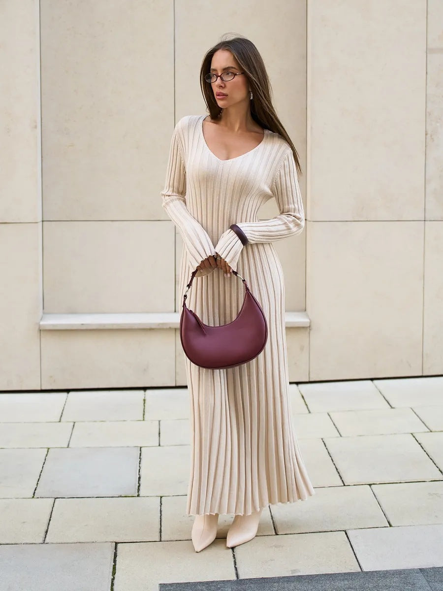 Beige Ribbed Knit Maxi Dress with Bell Sleeves Premium Fabric - product view 4