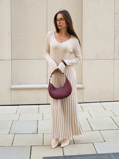Beige Ribbed Knit Maxi Dress with Bell Sleeves Premium Fabric - product view 4