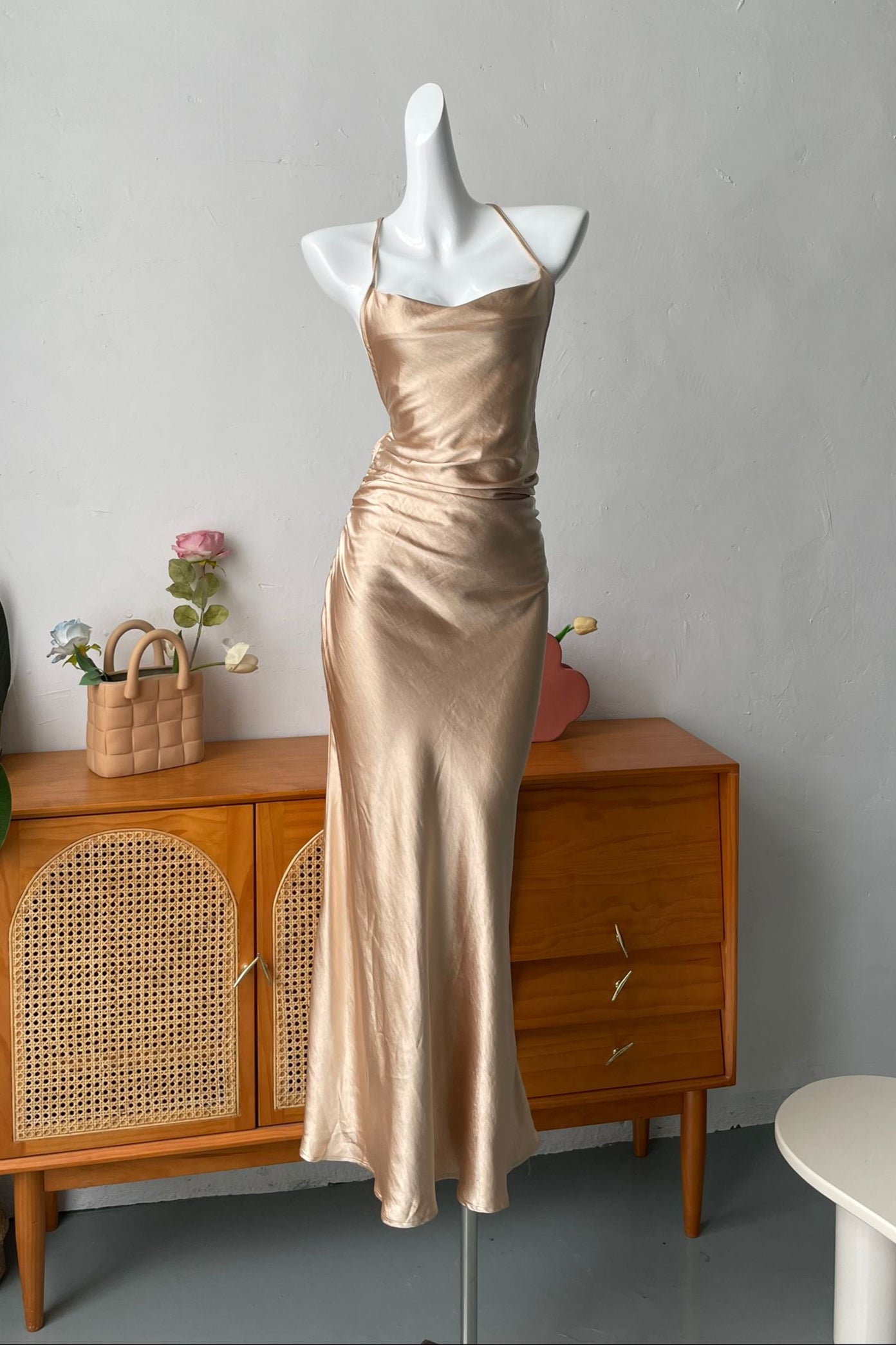 drape strap open back maxi dress