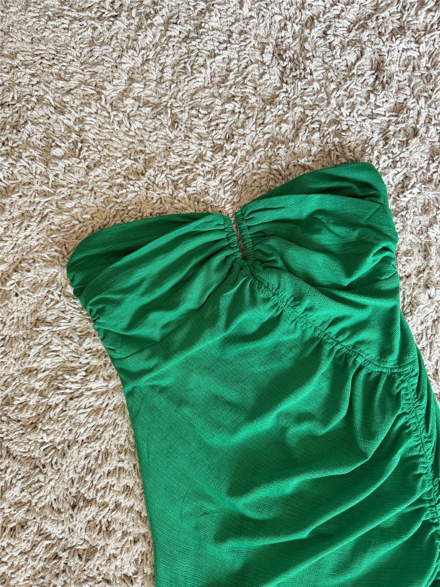 Strapless Front Keyhole Ruched Side Slit Midi Bodycon Dress