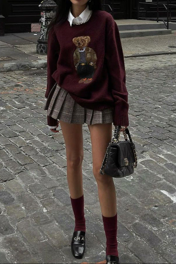 Burgundy retro bear embroidery loose pullover sweater