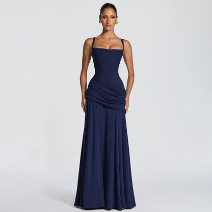 navy low-cut camisole open back mermaid dress