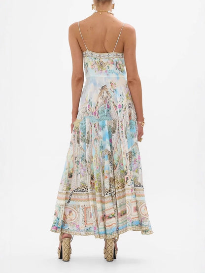 Retro oil painting print halter maxi dress