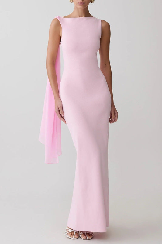 pink one-shoulder streamer hip-hugging dress