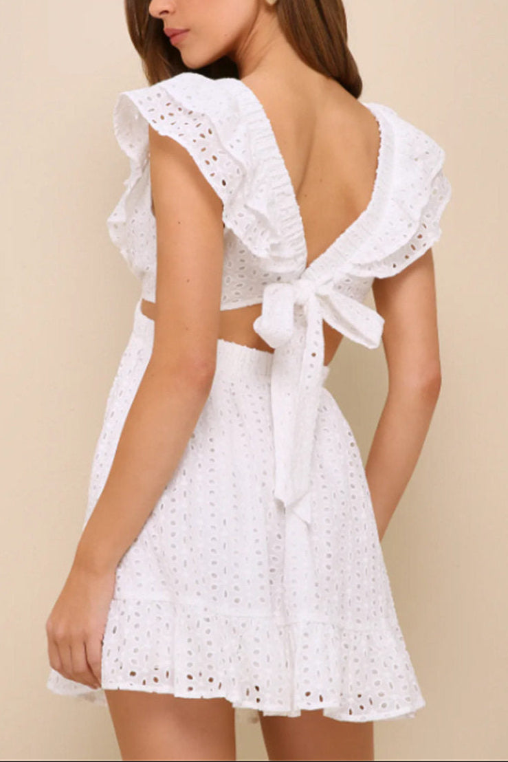 embroidery hollow flying sleeves open back lace-up dress white