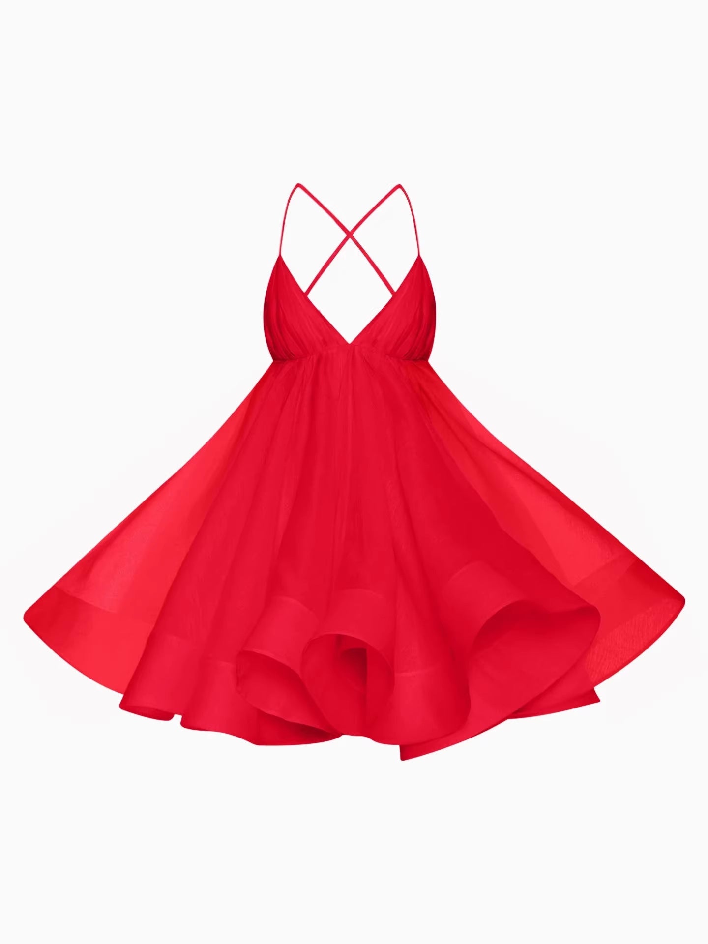 Pleated voluminous V-neck backless camisole mini dress