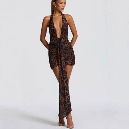 leopard print deep V open back streamer mini dress