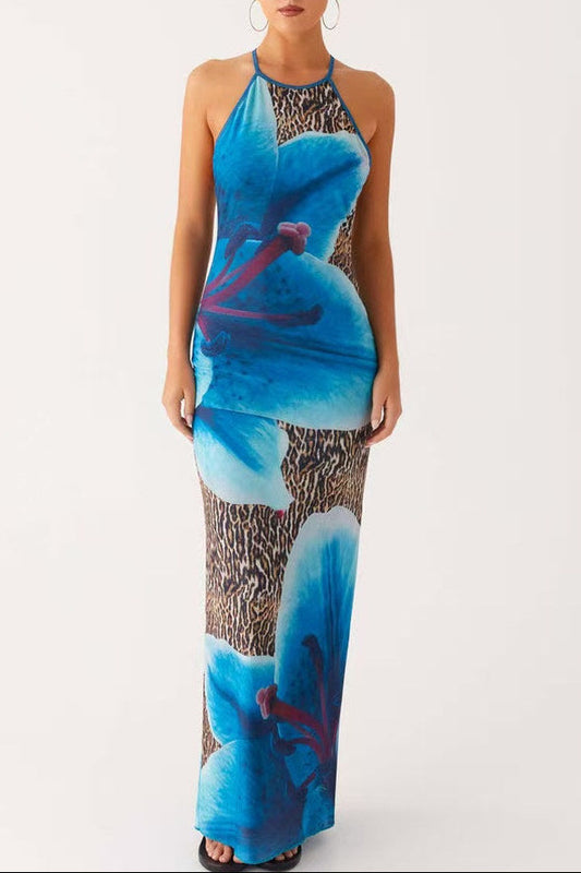 Blue Leopard Print Slingback Slingback Slip Dress